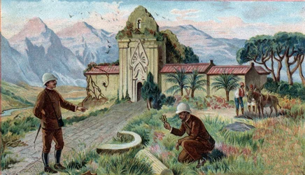 Scènes de royaumes disparus : Temple dans les montagnes de la province de Qui-Nhon au Cambodge. Chromolithographie du 19ème siècle
