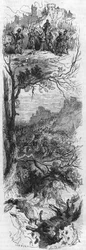Scènes de batailles. Louis XI donne un collier à Raoul de Lannoi (1481), Combat de Thérouanne (1480) et Marie de Bourgogne blessée par une chute de cheval (1482). Gravure du 19ème siècle