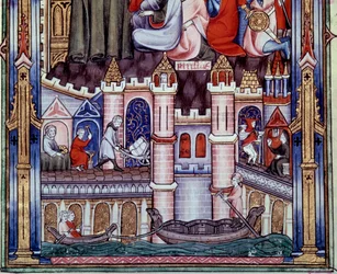 Scènes de travaux de construction et de navigation à Paris au Moyen Âge. Miniature du manuscrit « Vie de Saint Denis » par Yves, moine de Saint-Denis
