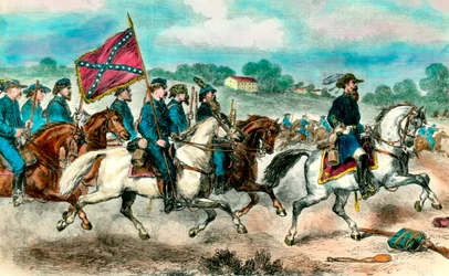 Guerre de Sécession : Général Stuart avec la cavalerie confédérée en 1862 (gravure)