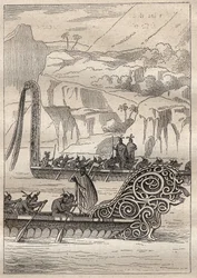Deuxième voyage (1772-1775) du capitaine James Cook (1728-1779) : pirogues de guerre néo-zélandaises - illustration tirée de 