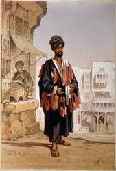 Vendeur de babouches et fumeur de narguilé en Égypte