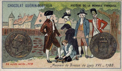 Série Histoire de la Monnaie Française publiée par Chocolat Guérin Boutron. Chromolithographie du 19e siècle. Pièce de bronze de Louis XVI en 1788
