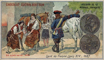 Série Histoire de la Monnaie Française publiée par Chocolat Guérin Boutron. Chromolithographie du 19ème siècle. Liard de France. Louis XIV en 1687