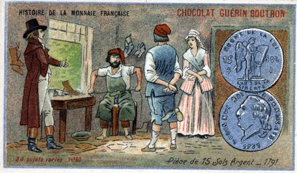 Série Histoire de la Monnaie Française publiée par Chocolat Guérin Boutron. Chromolithographie du 19ème siècle. Pièces de 15 sols en argent en 1791