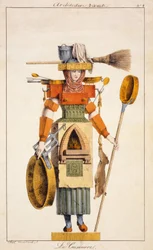 Série « Architecture Vivante » représentant des métiers : Le poêle. gravure sd. 19e siècle.