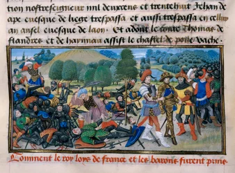 Septième croisade : le roi Louis IX (Saint Louis) (1214-70) est capturé lors de la bataille de Mansourah en 1250 en Égypte, « Chronique abrégée » par David Aubert 1250 Paris