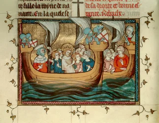 Septième croisade : le roi de France Saint Louis (ou Louis IX) arrive à Nicosie à Chypre vers 1245. Miniature. B.N. Paris