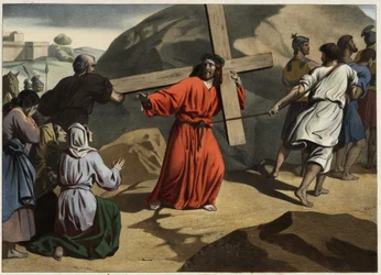 Elle monta au Calvaire : Jésus portant sa croix console les filles de Jérusalem. Gravure anonyme du milieu du 19ème siècle