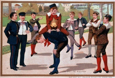 Jeu de saut de moutons, publicité pour le magasin "Le beau jardinier", v. 1895