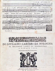 Page de partition des Madrigaux (2e livre) par Giuliano Cartari de Bologne