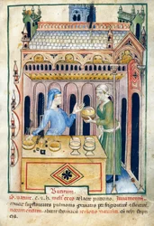 Boutique avec pain au beurre et deux femmes, illustration du Tacuinum sanitatis