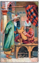 Sindbad fabrique une selle. Les merveilleuses aventures de Sindbad le marin. Conte populaire des 1001 nuits. Chromolithographie de la fin du XIXe siècle.