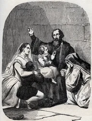 Sir Thomas More (Morus) (1478-1535) et sa fille Margaret et enfants en prison