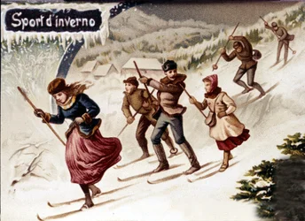 Skieurs. Chromolithographie, fin du 19ème siècle