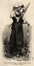 Petite contadine des environs de Rome, filant la laine avec son fuseau. Gravure pour illustrer le voyage à Rome, par Francis Wey, publié dans Le tour du monde 1870-1871, édité par Edouard Charton, édition Hachette, Paris