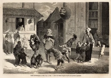 Petits saltimbanques exécutant des numéros acrobatiques en musique dans les rues de Yedo (ou Edo, capitale impériale, actuelle Tokyo). Gravure pour illustrer le voyage au Japon, en 1863-1864, par Aimé Humbert, ministre de la Confédération suisse, dans « Le