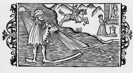 Sorcier traversant la mer par sortilège - dans "Historia de Gentibus Septentrionalibus" par Olaus Magnus, Rome 1555