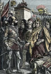 Conquête espagnole du Mexique : rencontre entre Hernan Cortes et Montezuma II en 1519