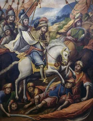 Saint Jacques à cheval tuant des Maures, détail du Paravento della conquista, huile sur toile par un artiste inconnu du XVIIe siècle, 213x550 cm, Mexique