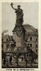 Statue de la République, Place de la République à Paris. Chromolithographie de la fin du 19ème siècle