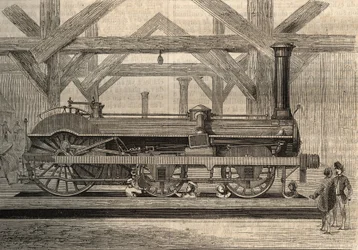 Modèle de locomotive à vapeur, système Crampton nommé Thomas Russell Crampton (1816-1888). Gravure de 1856