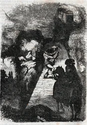 Lutte entre Roland et Rodomont - gravure de 1851 de « Roland furieux » (Orlando furioso) (16ème siècle) par Ludovico Ariosto, dit l