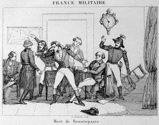 Suicide de Beaurepaire (1792) après la décision de rendre Verdun aux Prussiens. Gravure du XIXe siècle.