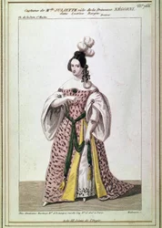 Costume de Mlle Juliette Drouet pour le rôle de la princesse Negroni dans «Lucrèce Borgia» de Victor Hugo. Gravure du XIXe siècle