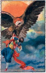 Envol par un aigle. Les merveilleuses aventures de Sinbad le marin. Conte populaire des 1001 nuits. Chromolithographie de la fin du XIXe siècle.