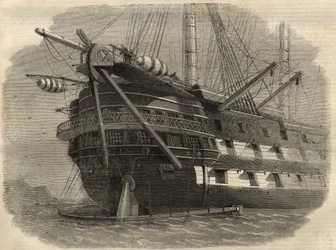 Télégraphie : vue de la poupe du navire H.M.S. « Agamemnon » qui posera le premier câble transatlantique. Gravure dans « The Illustrated London News » du 5 juin