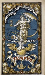 Tempus : allégorie du temps (figure féminine avec sablier, vent, ailes), illustration pour calendrier 1889