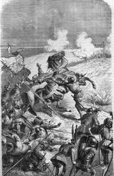 Le vétéran de 75 ans John Talot a été recoupé pour diriger une expédition de 3000 hommes, qui a débarqué en Guyenne le 17 octobre 1452. Gravure représentant la mort de Talbot au combat. Gravure du 19ème siècle