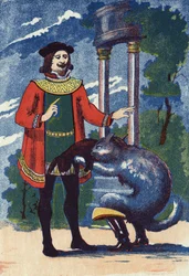 Le Chat botté offre un lapin au roi. Illustration pour « Le Chat botté », conte de Charles Perrault (1628-1703), écrivain français. Illustration anonyme. Imagerie Marcel Vagne, Jarville Nancy, fin du XIXe siècle.