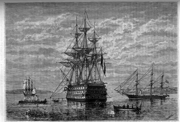 Le « Borda » et ses annexes le « Janus » et le « Bougainville ». Gravure dans « Le journal de la jeunesse »