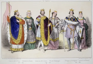 Les Capétiens. De gauche à droite : Louis VI dit le Gros (1081 - 1137), Adélaïde ou Alix de Savoie (? -1154), Louis VII dit le Jeune (1120 - 1180), Alix de Champagne (1140-1206), Philippe II dit Auguste (1165-1223) et Isabelle de Hainaut (1170-1190)