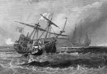 Le Corbin perdu sur le récif aux Maldives le 1er juillet 1602. Dans « Histoire générale de la marine » de Van Tenac.