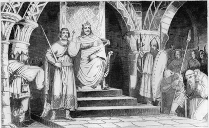 Le couronnement de Chilpéric II (670-721) - Chilpéric II (670-721) est placé sur le trône en 715 par Rainfroi (Ragenfred), maire du palais de Neustrie - Gravure de 1825 dans « Histoire de France représentée par des tableaux synoptiques, dédiée aux enfants