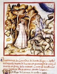 La Divine Comédie de Dante Alighieri. Miniature représentant Dante, Virgile et les trois bêtes. Manuscrit du 14ème siècle. Bibliothèque municipale de Rimini.