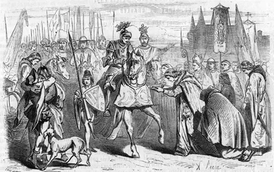 Les Français se rendent à Bordeaux le 23 juin 1451 sous Charles VII, fin de la reconquête contre les Anglais. Gravure du 19ème siècle