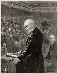 Chambre des Communes, 13 février 1893 : discours de William Ewart Gladstone (gravure)