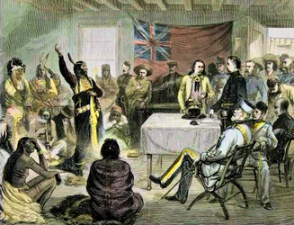 La guerre indienne aux États-Unis - le conseil de « Sitting Bull » avec Sitting Bull et Buffalo Bill à Fort Walsh, territoire britannique, octobre 1877