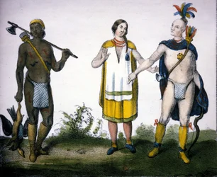Les Indiens du Canada : un chasseur (acadien), une femme et un guerrier. Lithographie de « Galleria Universale di tutti i popoli del mondo », Milan