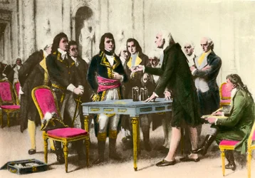 Le physicien italien Alessandro Volta (1745-1827) présente sa pile à Napoléon Bonaparte. 1801 Collection privée