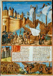 Le roi de France Louis IX (Saint Louis) (1214-1270) embarquant pour la septième croisade. Miniature tirée de « Les passages faits Outremer par les Français contre les Turcs et autres Sarrasins et Maures Outremarine » par Sébastien Mamerot