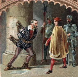 Le roi de France Louis XII fait enfermer Ludovic Marie Sforza, dit le More (Ludovico Maria Sforza detto il Moro) (1452-1508) dans le château de Loches, en Touraine. Chromolithographie de la fin du 19ème siècle