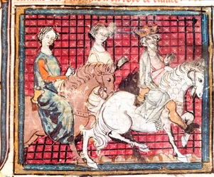 Le roi des Francs Chilpéric Ier (543-597) et Frédégonde à cheval. Miniature tirée de "Grandes Chroniques de France" 1375-1379 Bibliothèque municipale, Castres