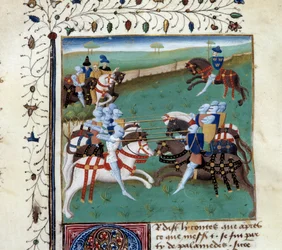 Les chevaliers de la Table Ronde participant à un tournoi chevaleresque. Miniature du manuscrit « Le roman de Tristan » par Maître Charles du Maine