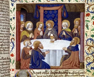 La Cène (Christ entouré de ses apôtres) - enluminure du Moyen Âge