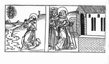 La vie de Saint Bernard de Menthon (923 - 1008). Gravure de « Leben der Heiligen - sommerteil » (Le livre des saints) de Jacobus (James) de Voragine (1228-1298). Lubeck 1488.
